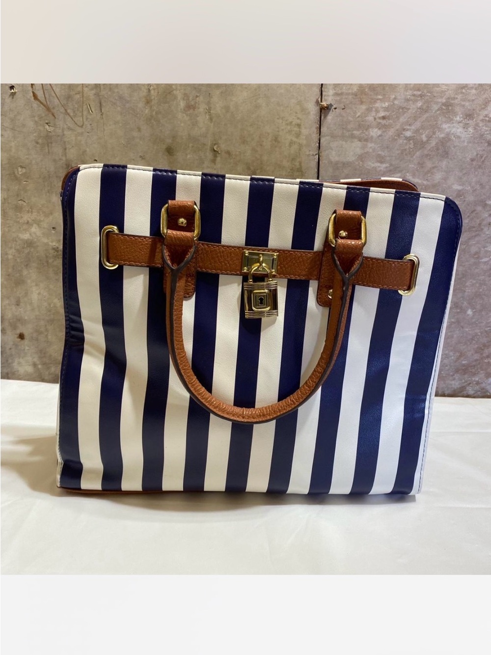 Striped Navy and White Tote with Brown Trim and Gold Lock
